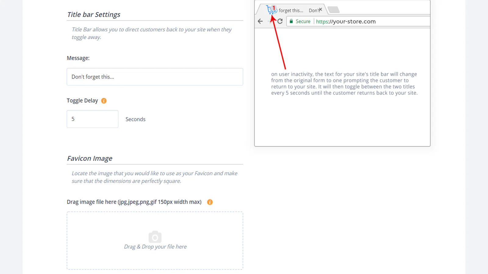 FaviCart settings in detail: the reminder message, a five-second toggle delay and the favicon upload, beside an annotated browser tab