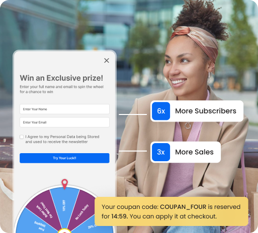 Wheelify campaign editor showing wheel segments, prize settings and the email capture step
