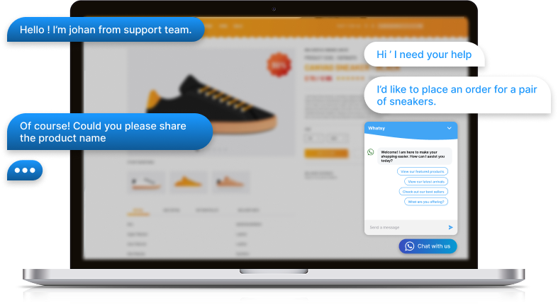 Whatsy chat widget shown on desktop and mobile with an automated greeting message
