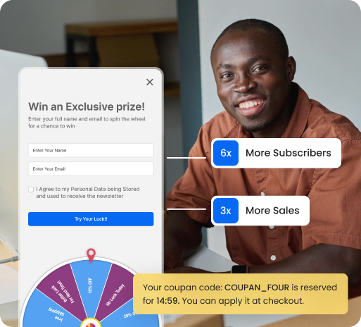 Wheelify spin-to-win wheel displayed over a Shopify storefront, offering a discount in exchange for an email address