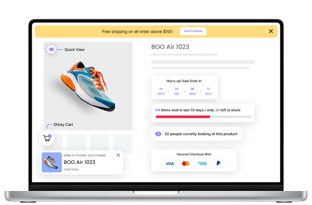 SP Sales Pop up Social Proof showing a real-time purchase notification and a stock countdown bar on a Shopify storefront