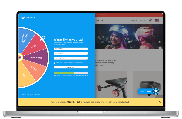 Wheelify spin-to-win wheel opening over a Shopify storefront, offering a discount in exchange for the shopper's email address