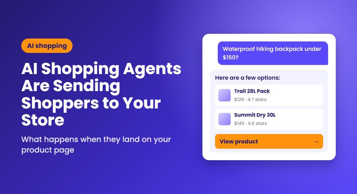 Illustration of an AI shopping chat recommending waterproof hiking backpacks under $150, with a button that sends the shopper to the product page