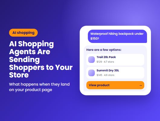 Illustration of an AI shopping chat recommending waterproof hiking backpacks under $150, with a button that sends the shopper to the product page