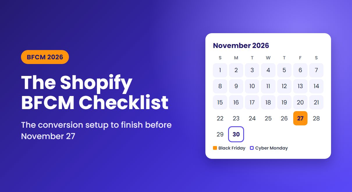 Shopify BFCM 2026 checklist artwork with a November 2026 calendar marking Black Friday on the 27th and Cyber Monday on the 30th