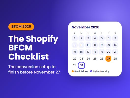 Shopify BFCM 2026 checklist artwork with a November 2026 calendar marking Black Friday on the 27th and Cyber Monday on the 30th