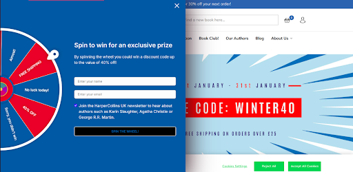 A Wheelify spin-to-win wheel on the HarperCollins UK store asking visitors “What discount will you get?”