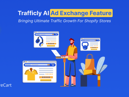 Preview artwork for Trafficly AI Ad Exchange, showing products matched to partner Shopify stores