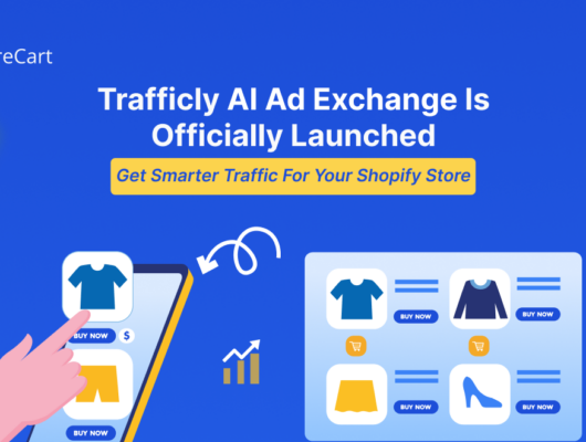 Trafficly AI Ad Exchange launch artwork: a Shopify product travelling across a network of partner storefronts