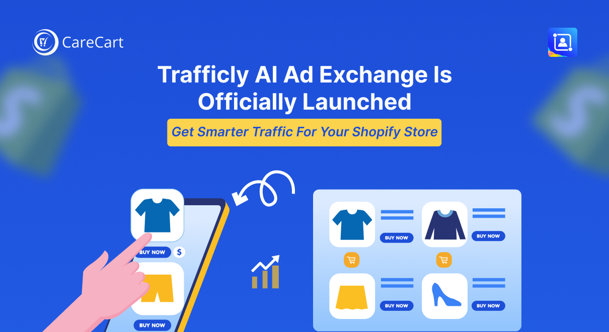 Trafficly AI Ad Exchange launch artwork: a Shopify product travelling across a network of partner storefronts