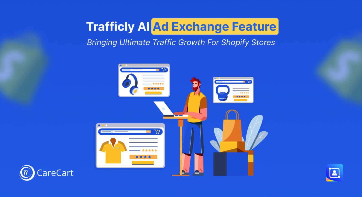Preview artwork for Trafficly AI Ad Exchange, showing products matched to partner Shopify stores